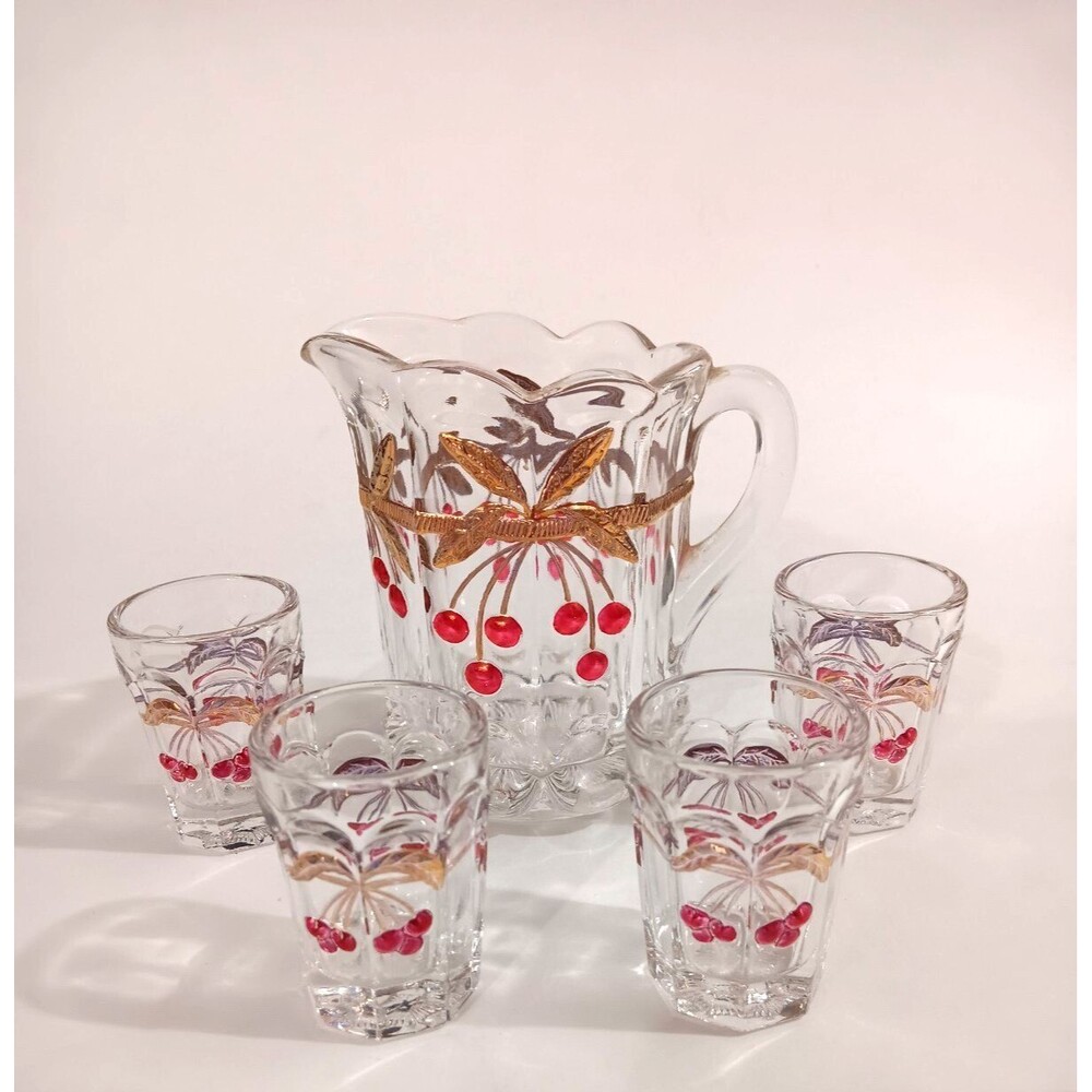 Mosser Cherry & Cable Thumbprint Glass Pitcher & 4 Glasses